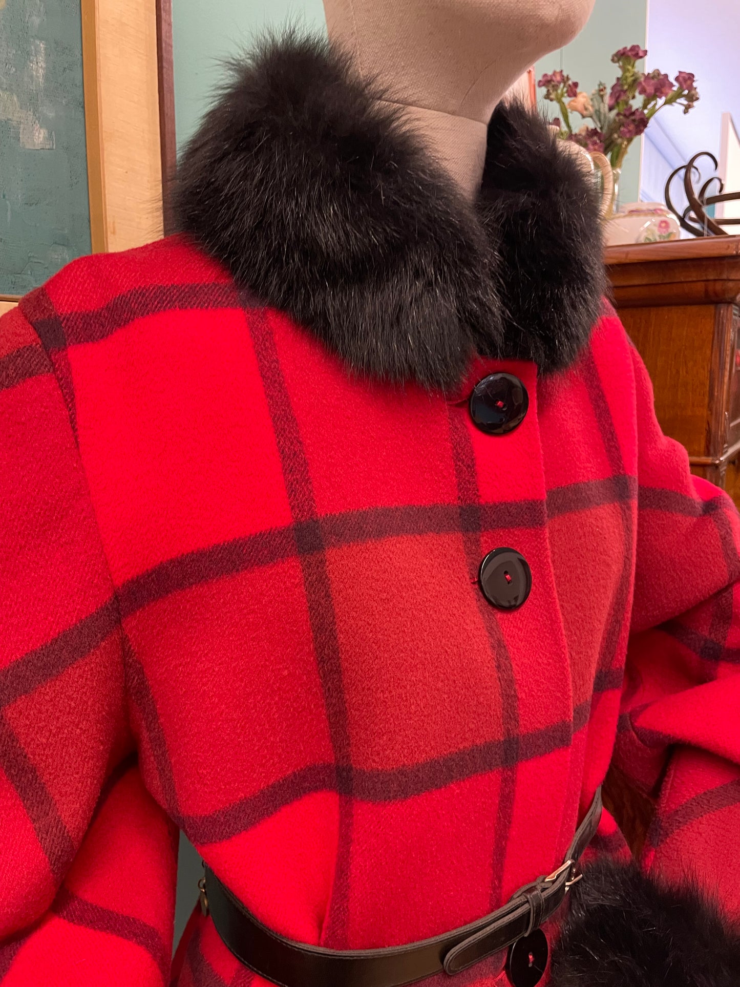 Cappotto anni 80 in pura lana vergine con fantasia a grandi quadrati rossi