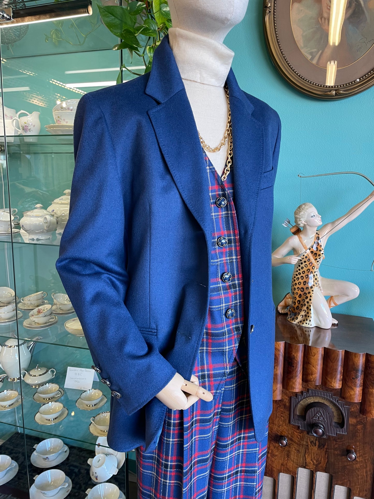 Completo 3 pezzi in pura lana vergine blu e scozzese - anni 90 - Made in Italy.