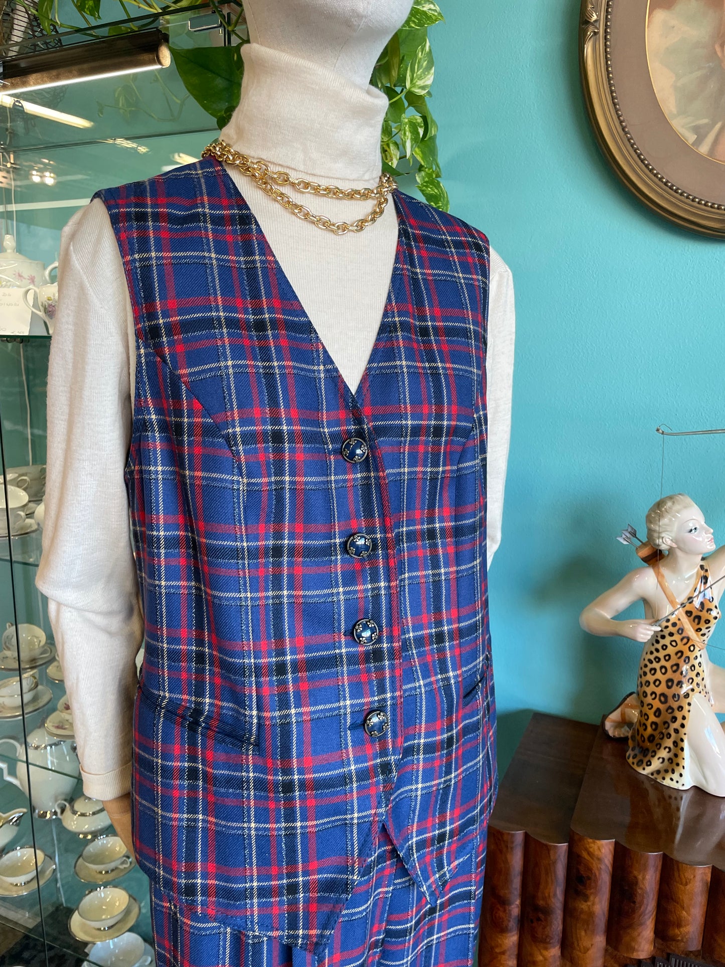 Completo 3 pezzi in pura lana vergine blu e scozzese - anni 90 - Made in Italy.