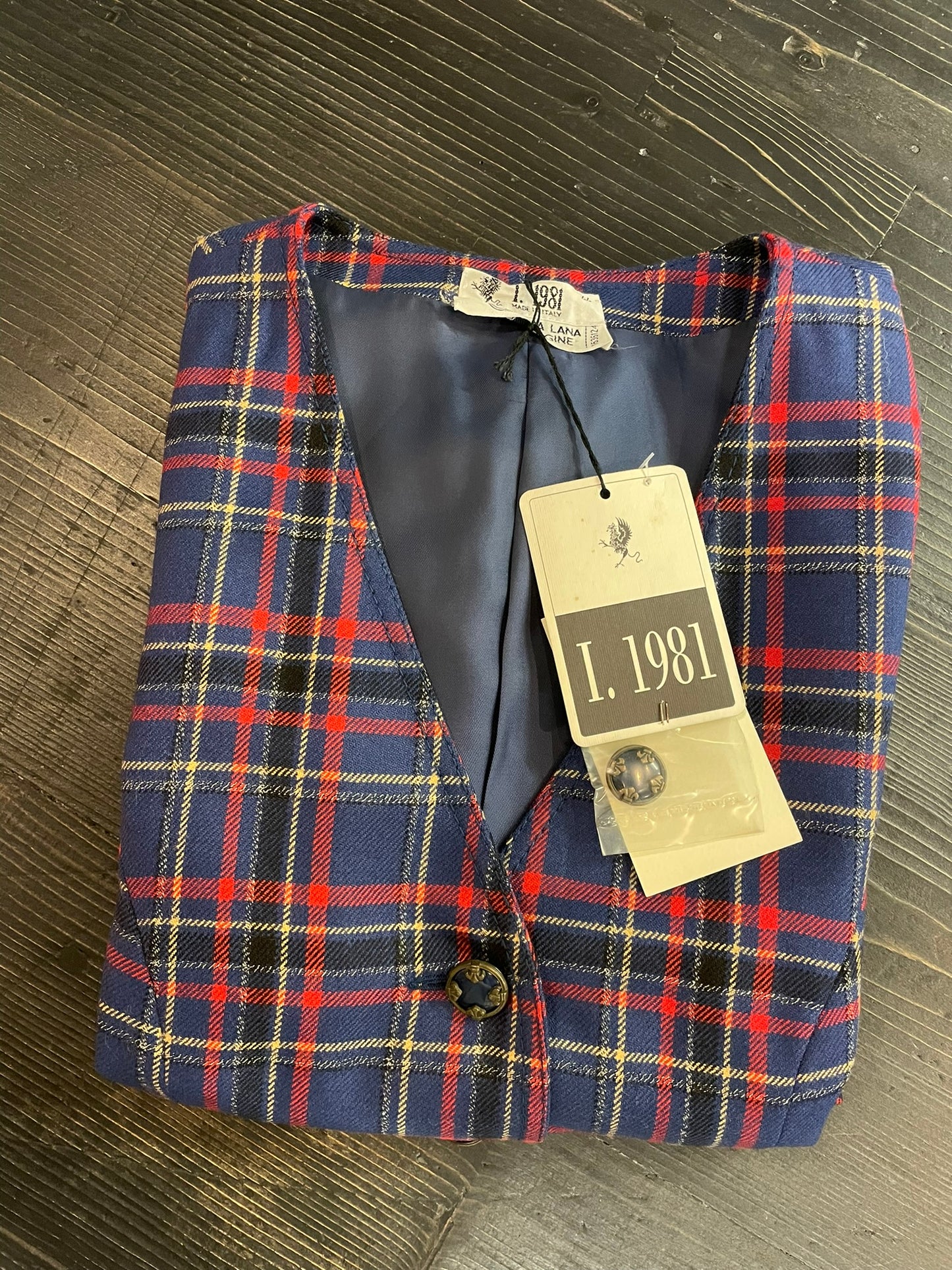 Completo 3 pezzi in pura lana vergine blu e scozzese - anni 90 - Made in Italy.