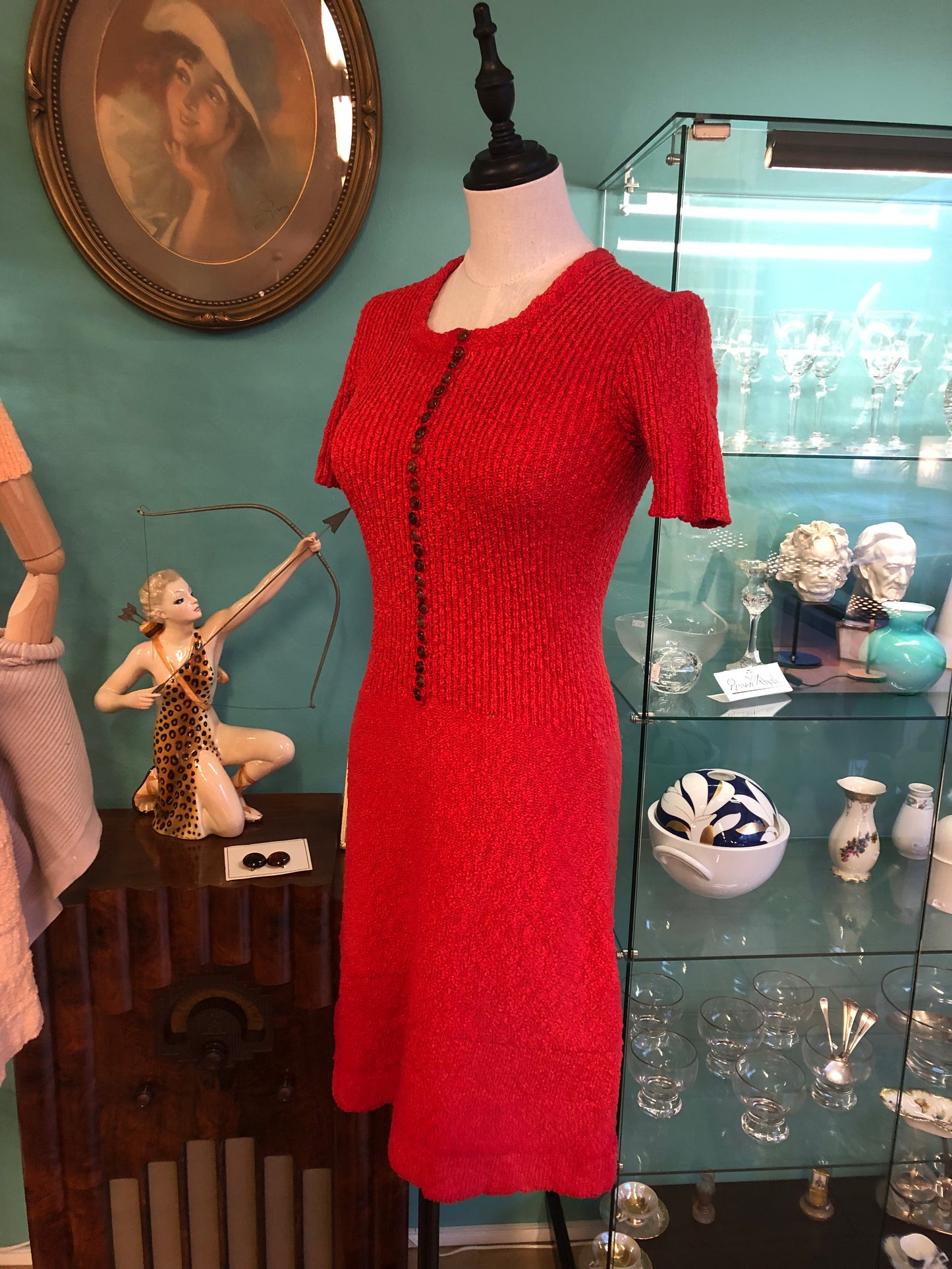 Abitino anni 60/70 in maglia bouclè color rosso ciliegia