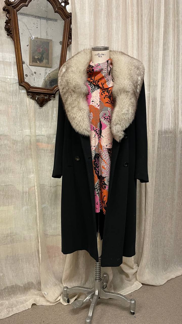 Cappotto vintage sartoriale doppiopetto in crepe con collo in volpe - tg.44/46