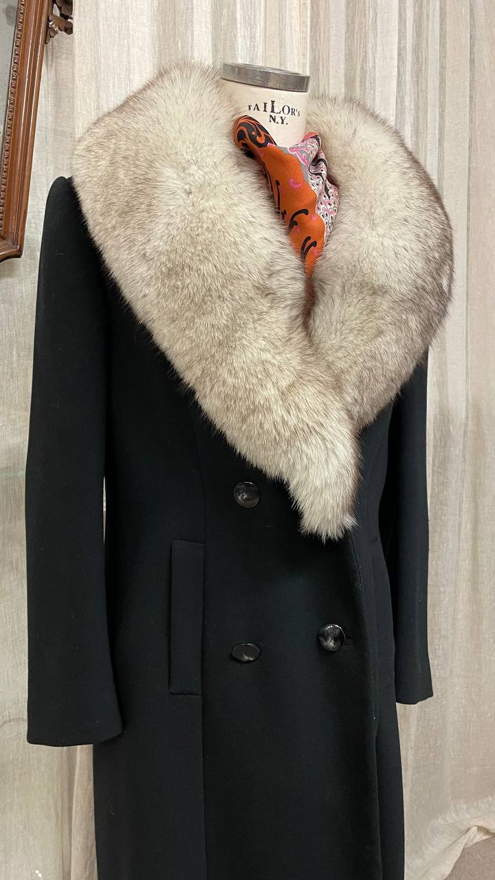 Cappotto vintage sartoriale doppiopetto in crepe con collo in volpe - tg.44/46