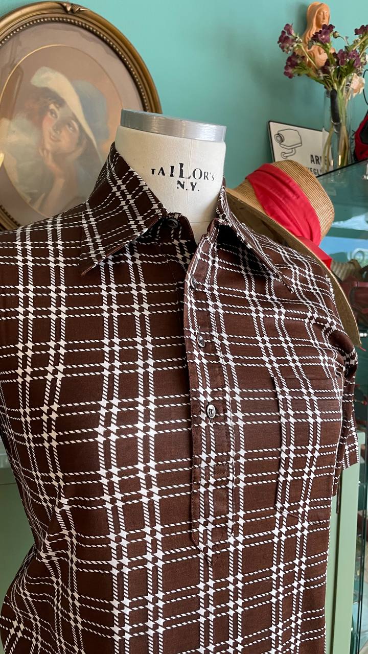 Polo vintage shirt deadstock anni '70 unisex a quadri marrone