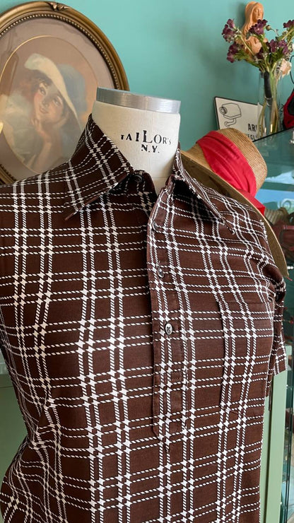 Polo vintage shirt deadstock anni '70 unisex a quadri marrone