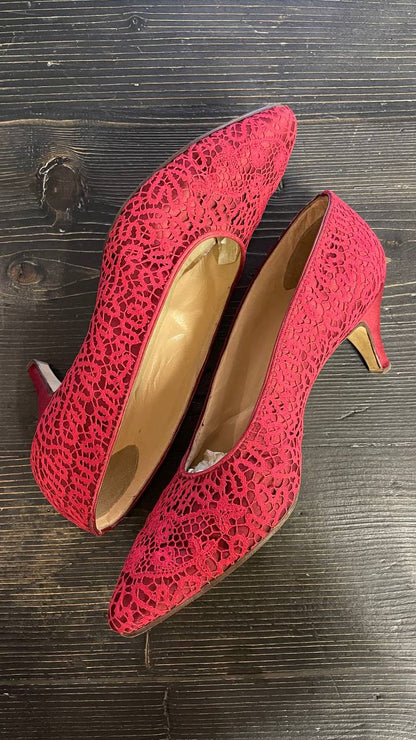 Decollete col.Burgundy fine anni 50 in raso di seta e pizzo - nr. 39,5/40