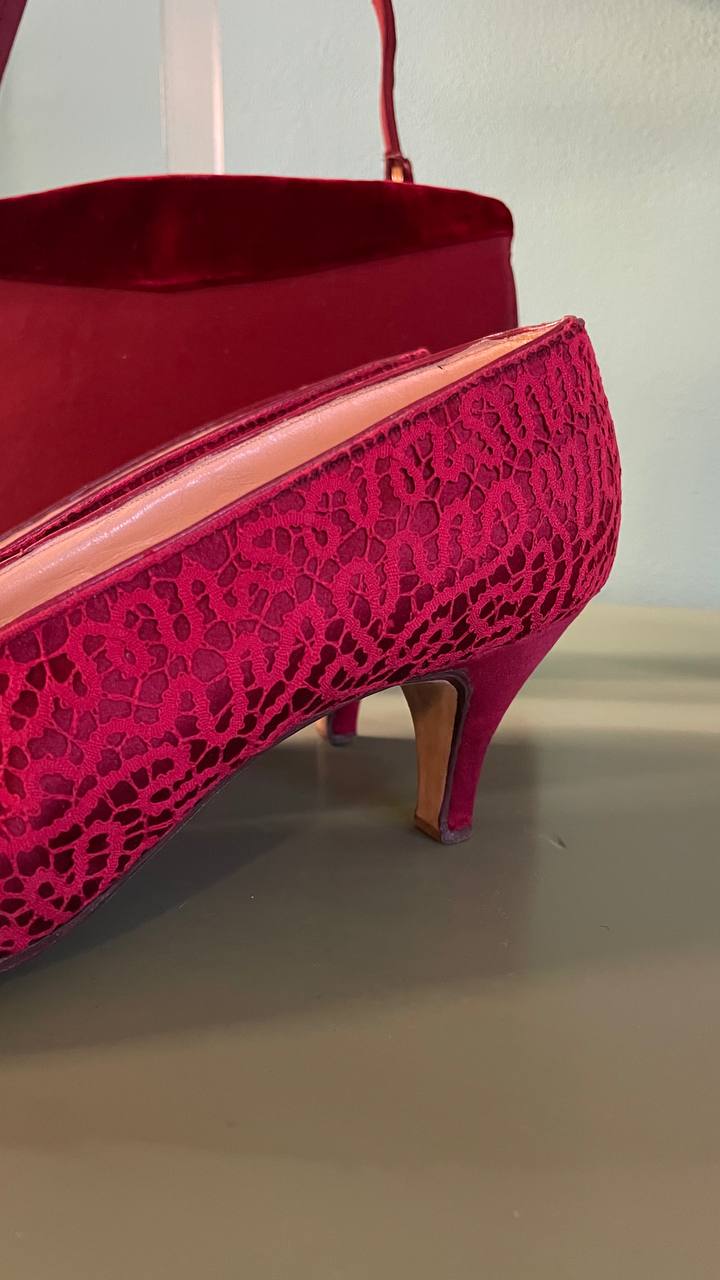 Decollete col.Burgundy fine anni 50 in raso di seta e pizzo - nr. 39,5/40