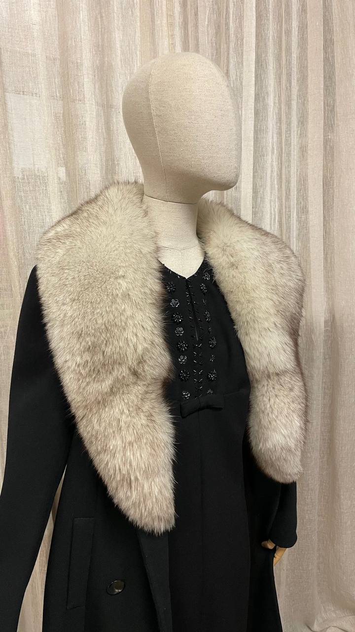 Cappotto vintage sartoriale doppiopetto in crepe con collo in volpe - tg.44/46