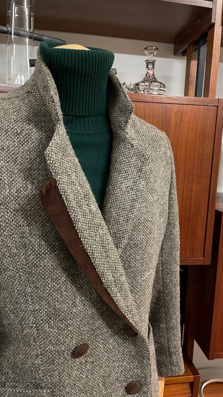 Blazer anni 80 strutturato doppiopetto in lana con dettagli in pelle - tg. 44