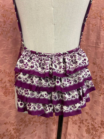 Costume intero viola Jantzen con motivo floreale e volant, tg.42, deadstock