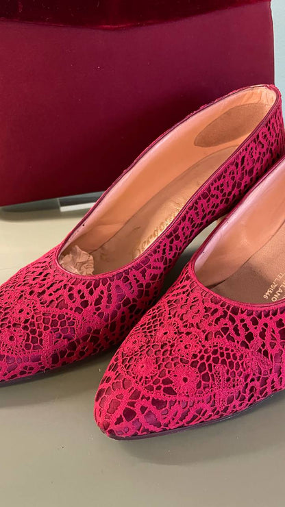 Decollete col.Burgundy fine anni 50 in raso di seta e pizzo - nr. 39,5/40