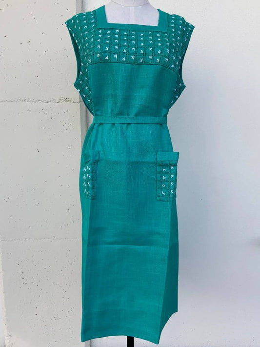 Abito sartoriale in lino smanicato - ricamato a mano - anni 60