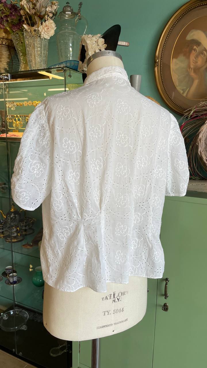 Camicetta anni 40 in cotone con ricamo Sangallo - tg.L/XL