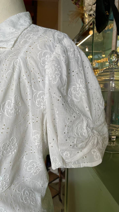 Camicetta anni 40 in cotone con ricamo Sangallo - tg.L/XL