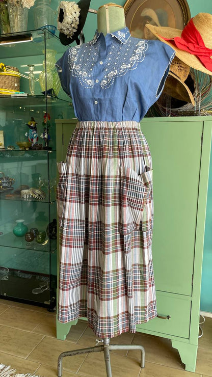 Gonna tartan estiva anni 80 in cotone - vita elastica