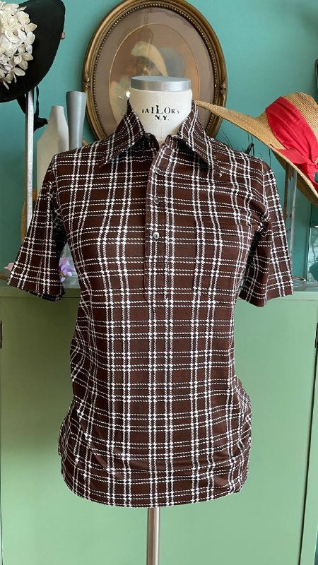 Polo vintage shirt deadstock anni '70 unisex a quadri marrone