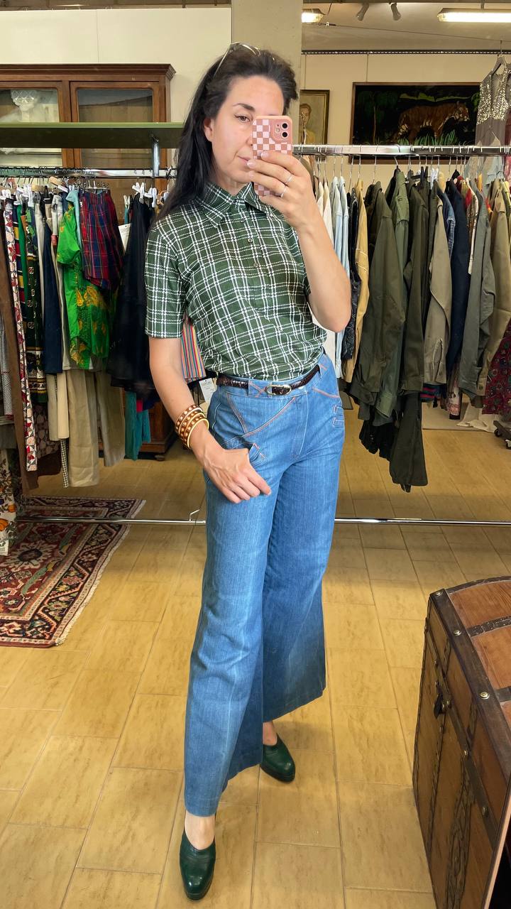 Polo vintage shirt deadstock anni '70 unisex a quadri verde