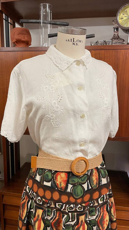Camicia romantica in cotone/lino anni 50/60 ricamata a mano tg.48