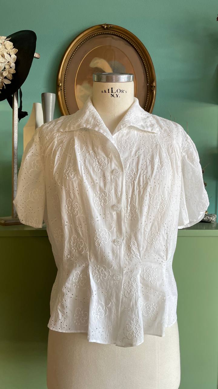 Camicetta anni 40 in cotone con ricamo Sangallo - tg.L/XL