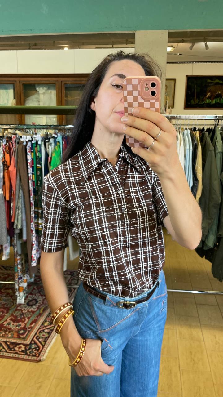 Polo vintage shirt deadstock anni '70 unisex a quadri marrone