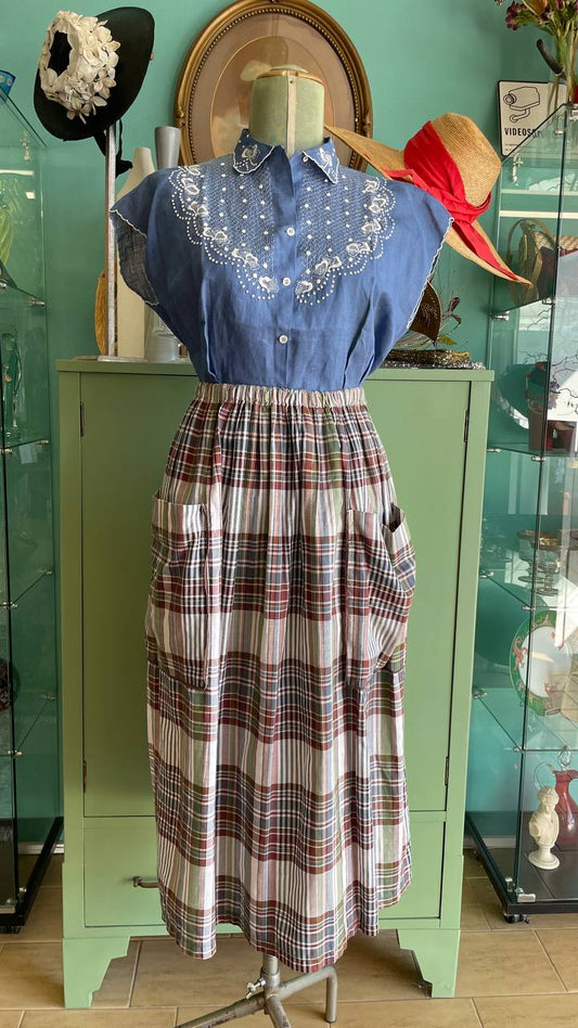 Gonna tartan estiva anni 80 in cotone - vita elastica