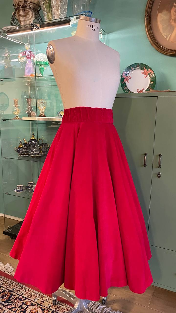 Gonna a ruota piena anni 50 in velluto rosso Carminio - tg.XS/M