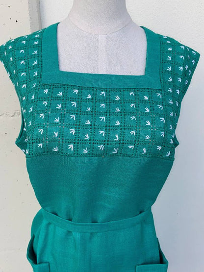 Abito sartoriale in lino smanicato - ricamato a mano - anni 60