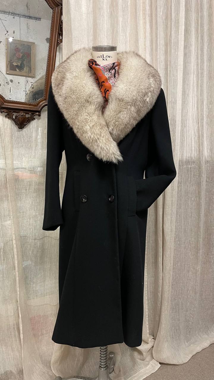 Cappotto vintage sartoriale doppiopetto in crepe con collo in volpe - tg.44/46