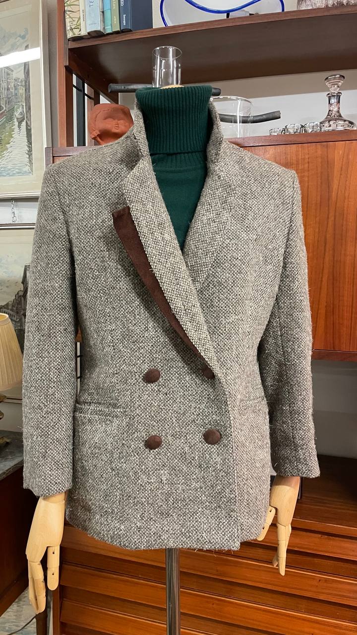 Blazer anni 80 strutturato doppiopetto in lana con dettagli in pelle - tg. 44