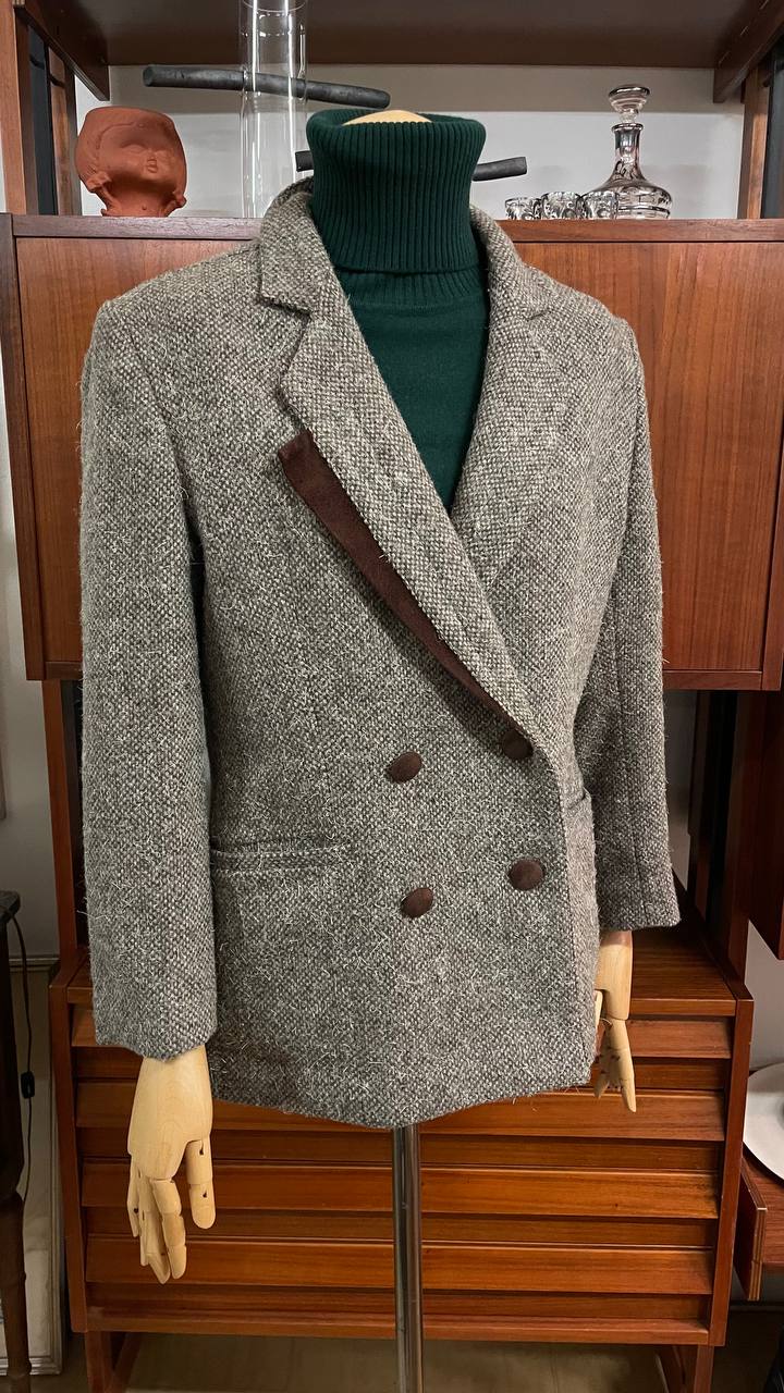 Blazer anni 80 strutturato doppiopetto in lana con dettagli in pelle - tg. 44