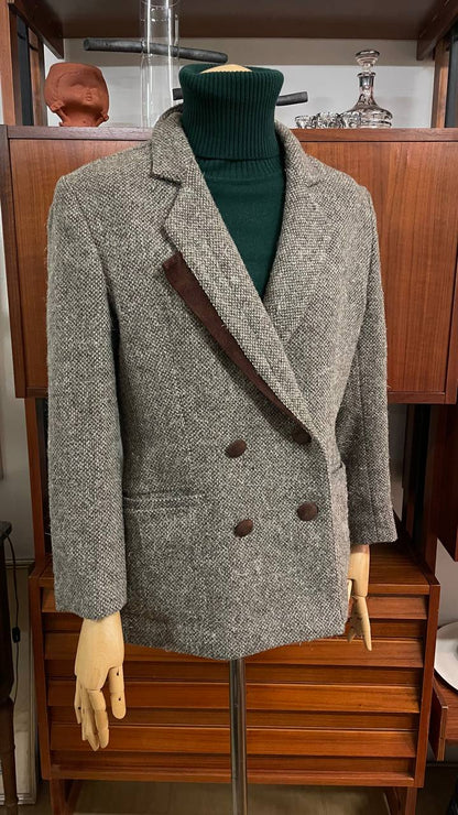 Blazer anni 80 strutturato doppiopetto in lana con dettagli in pelle - tg. 44