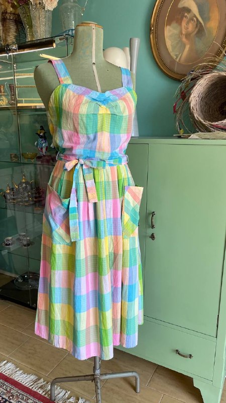 Abitino cotone 1980s does 1950s quadretti arcobaleno - tg.46