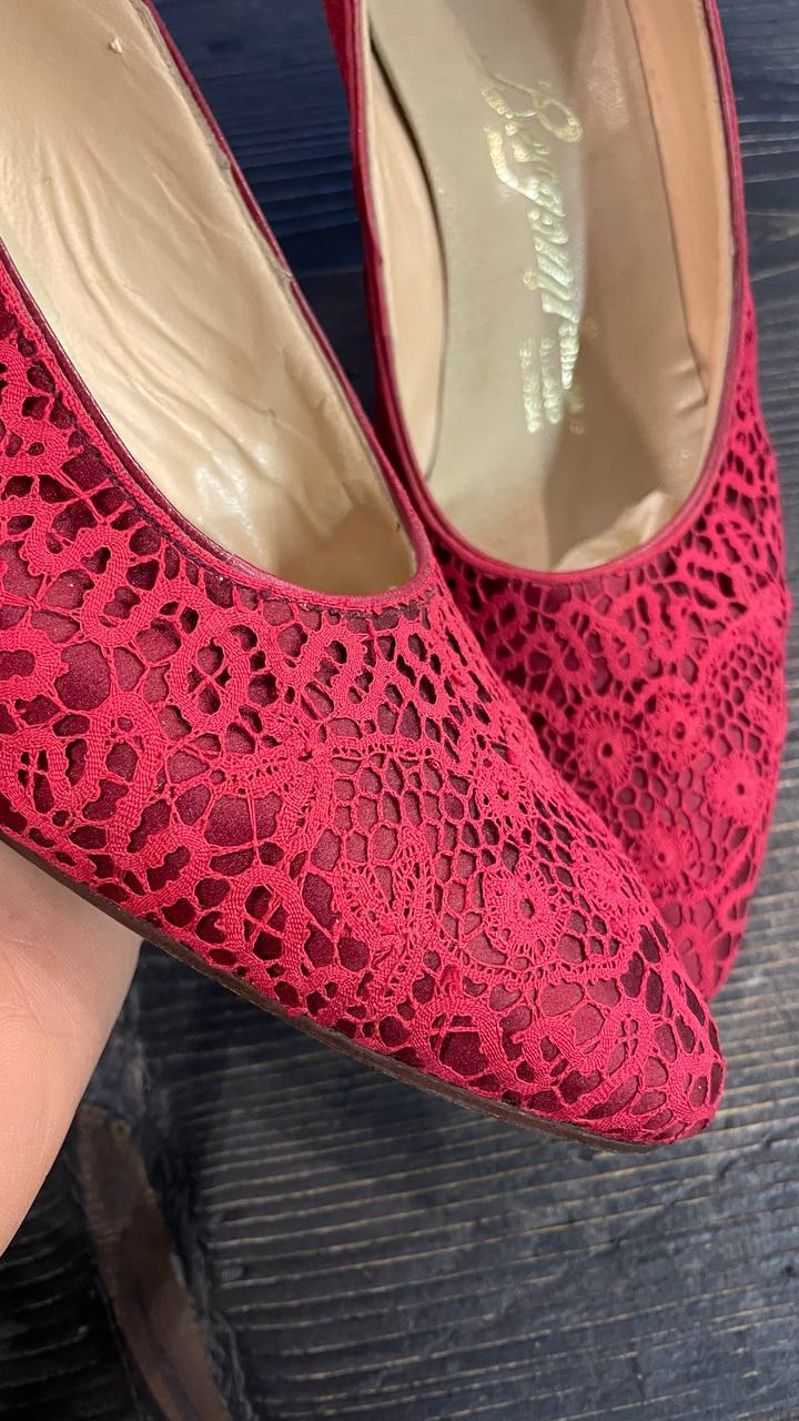 Decollete col.Burgundy fine anni 50 in raso di seta e pizzo - nr. 39,5/40