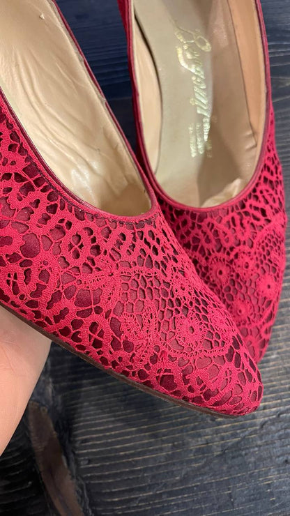 Decollete col.Burgundy fine anni 50 in raso di seta e pizzo - nr. 39,5/40