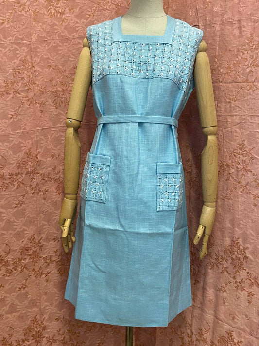 Abito smanicato in lino sartoriale - ricamato a mano - anni 60
