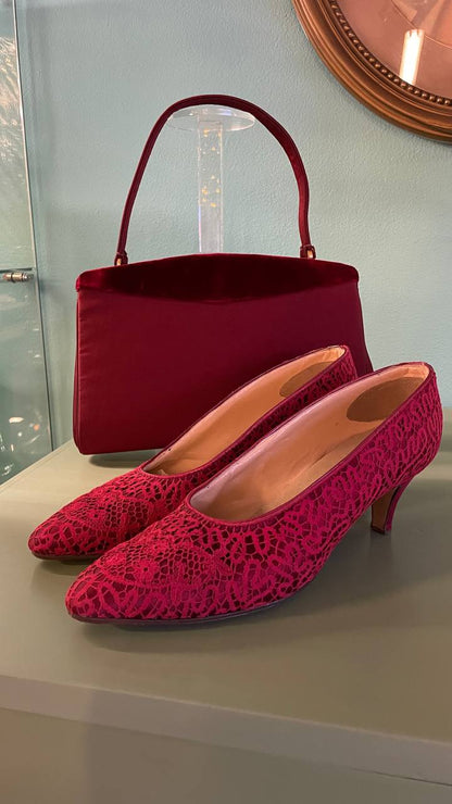 Decollete col.Burgundy fine anni 50 in raso di seta e pizzo - nr. 39,5/40