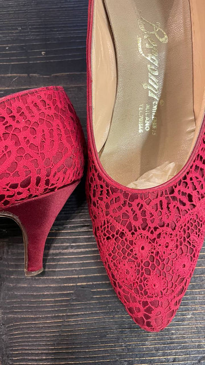 Decollete col.Burgundy fine anni 50 in raso di seta e pizzo - nr. 39,5/40