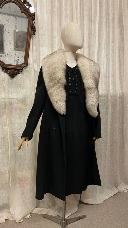 Cappotto vintage sartoriale doppiopetto in crepe con collo in volpe - tg.44/46