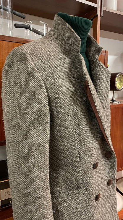 Blazer anni 80 strutturato doppiopetto in lana con dettagli in pelle - tg. 44