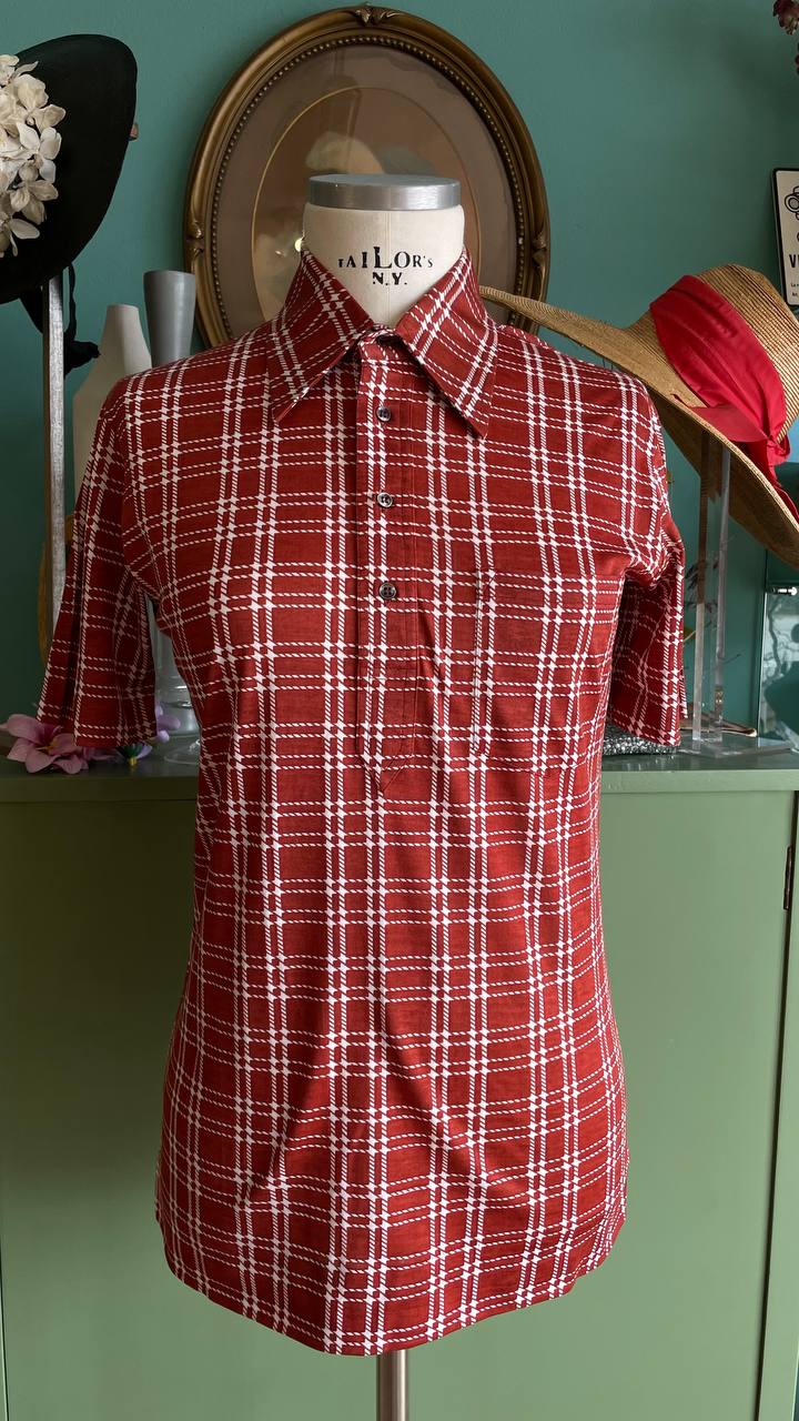 Polo vintage shirt deadstock anni '70 unisex a quadri ruggine