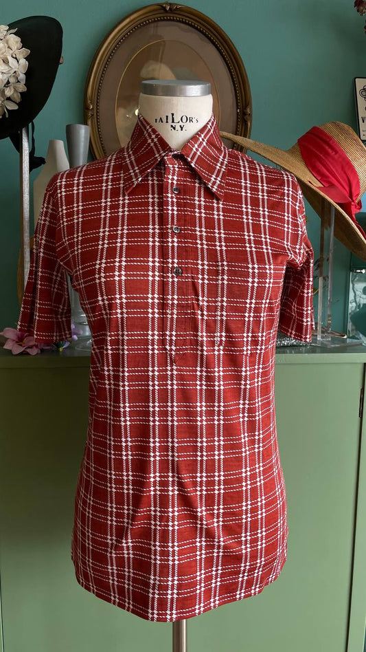 Polo vintage shirt deadstock anni '70 unisex a quadri ruggine